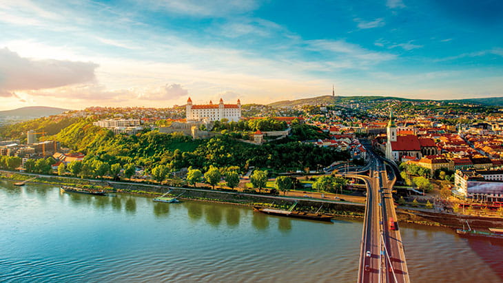 An aerial view of Slovakia and the Danube in Spring